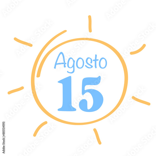15 Agosto sole con raggi, 15 agosto, ferragosto, sole, calendario, segnaposto, ricorrenza, festività, vacanze, ferie, mare, sole, spiaggia, concerto, stilizzato, allegro, solare, illustrazione, onde