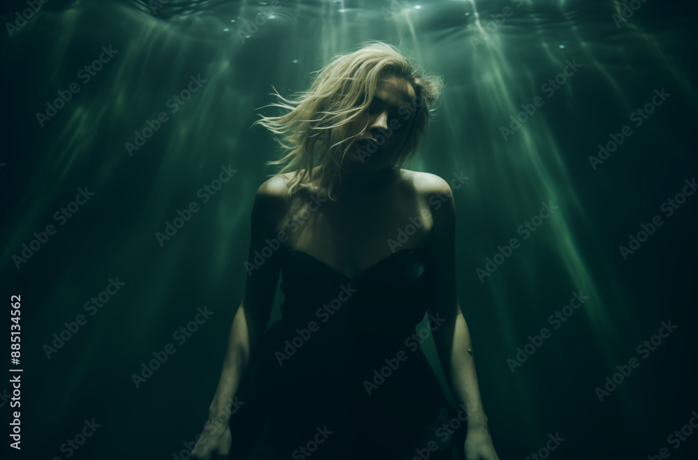 Fototapeta premium Woman in a Black Dress Underwater with Light Rays Shining Through in a Dreamlike Scene