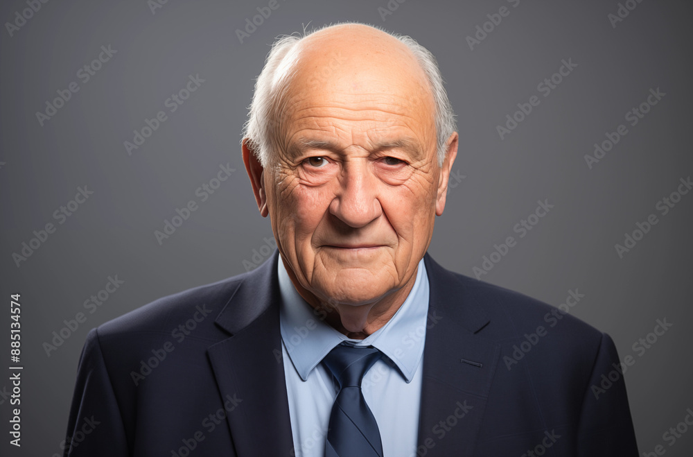 Elderly Man in a Dark Suit and Blue Tie with a Serious Expression Against a Grey Studio Background Elderly Man in a Dark Suit and Blue Tie with a Serious Expression Against a Grey Studio Background