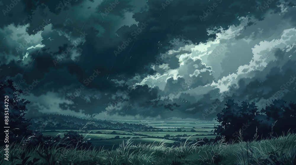 Fototapeta premium Dynamic anime scene with dramatic storm clouds rolling in, dark and moody with a touch of excitement.