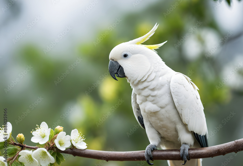 Cockatoo on branch with white flower Cockatoo on branch with white flower