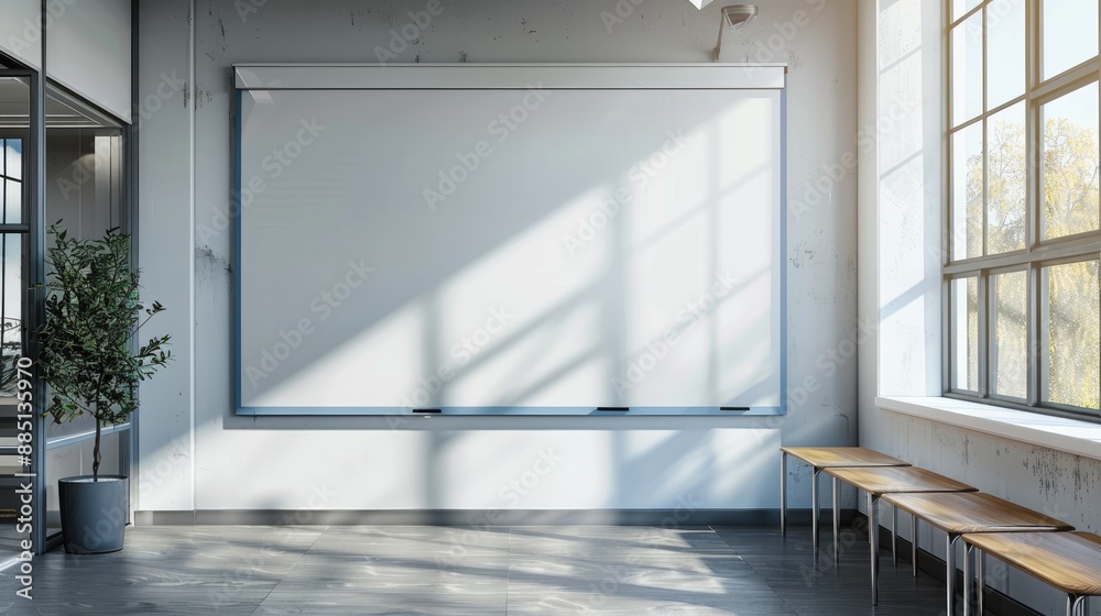 Fototapeta premium A blank whiteboard next to a window in an office. Generative AI.