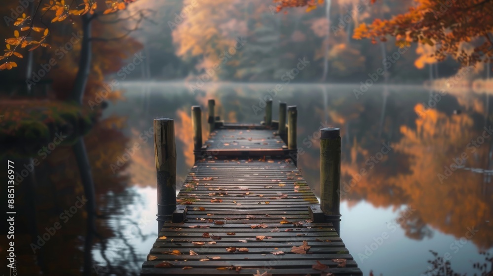 Obraz premium Tranquil wooden dock extending over a calm lake with colorful autumn trees reflecting in the water, evoking a serene and peaceful atmosphere.