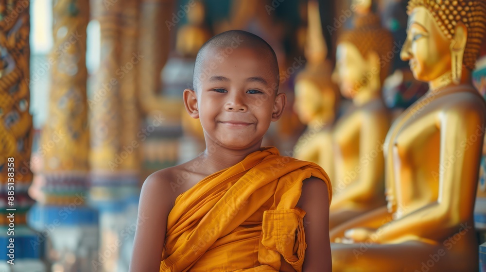 Monks and novices in a Thai temple smile happily.