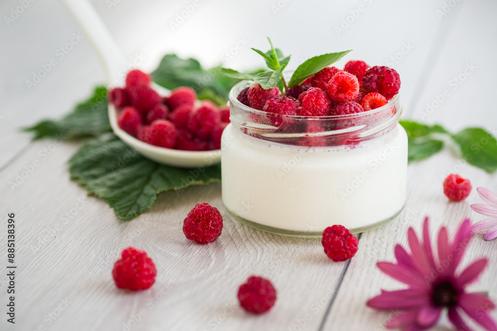 homemade food, milk yogurt with fresh raspberries homemade food, milk yogurt with fresh raspberries