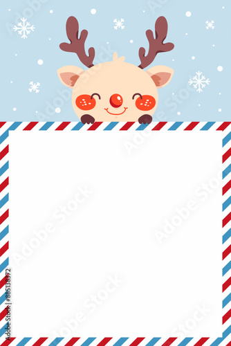 Cute Christmas deer with red nose holding empty paper or wish list. Merry Christmas and Happy New Year. Cute cartoon vector illustration. Template for greeting card or letеr