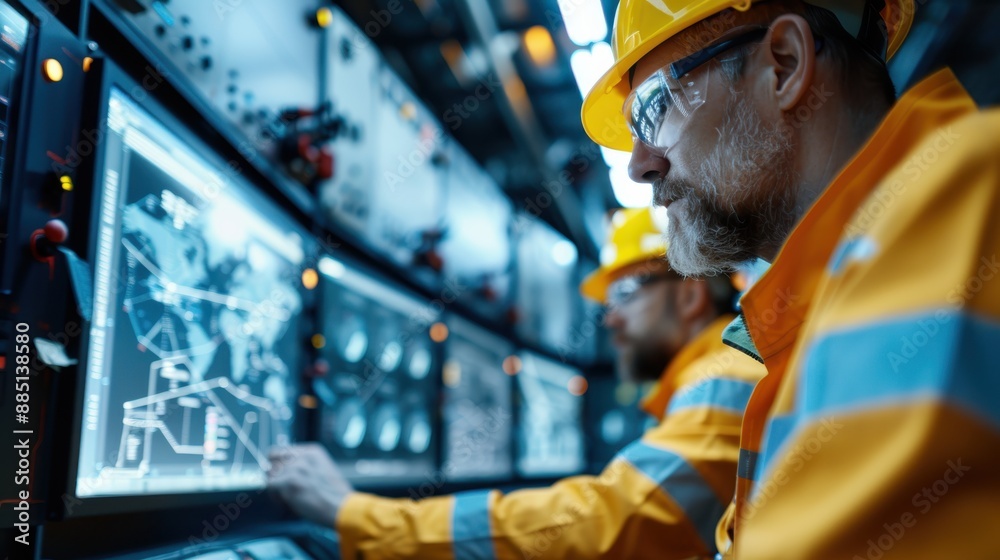 An engineer in a control room, equipped in high-visibility safety gear, intensely analyzing system data displayed on multiple monitors for efficient industrial operations. An engineer in a control room, equipped in high-visibility safety gear, intensely analyzing system data displayed on multiple monitors for efficient industrial operations.
