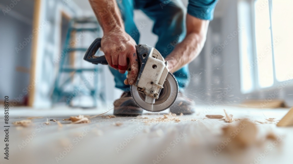 A detailed image showing a craftsman’s hands operating an electric saw to cut through a wooden plank, symbolizing precision and craftsmanship in woodworking and manual labor. A detailed image showing a craftsman’s hands operating an electric saw to cut through a wooden plank, symbolizing precision and craftsmanship in woodworking and manual labor.