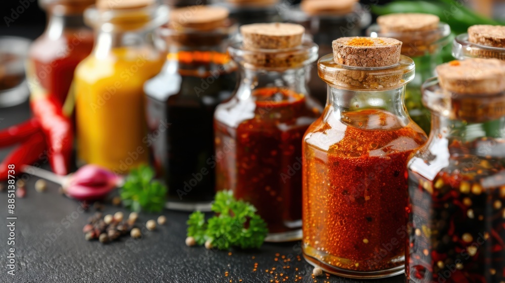 A visually appealing array of seasoning bottles with cork lids, containing various spices, neatly arranged to display the richness and diversity of culinary ingredients. A visually appealing array of seasoning bottles with cork lids, containing various spices, neatly arranged to display the richness and diversity of culinary ingredients.