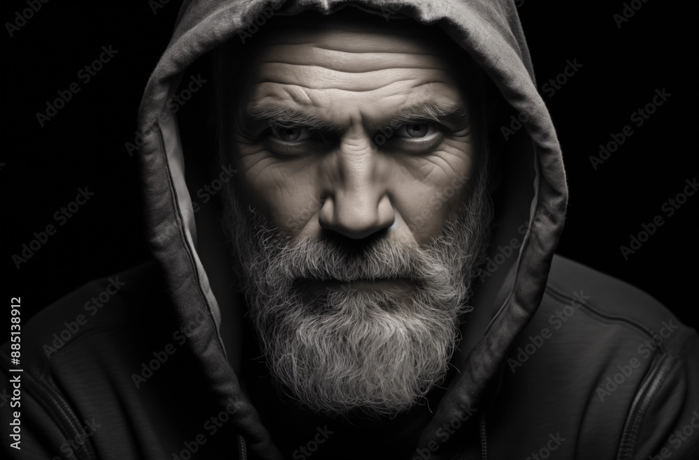 Serious Elderly Man with White Beard Wearing a Hooded Sweatshirt and Staring Intently at Camera in a Dark Setting Serious Elderly Man with White Beard Wearing a Hooded Sweatshirt and Staring Intently at Camera in a Dark Setting