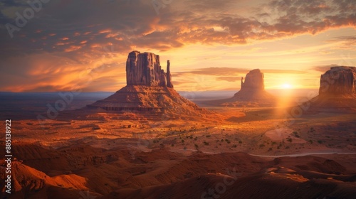 Sunset Over Monument Valley with Dramatic Sky and Majestic Rock Formations