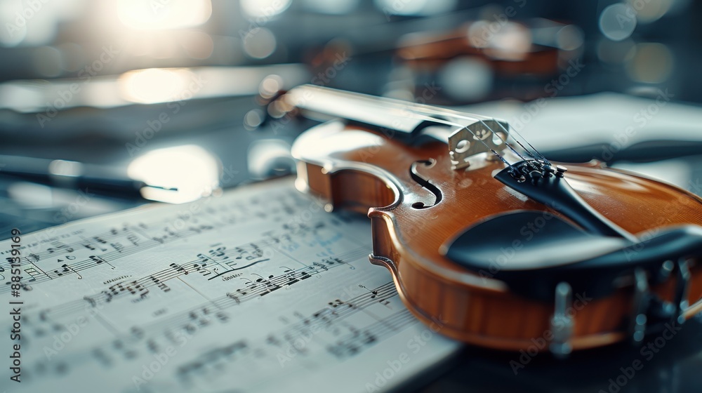 Fototapeta premium A close-up view of a wooden violin lying on top of music sheets, softly lit to create a serene and elegant atmosphere, perfect for highlighting classical music themes.