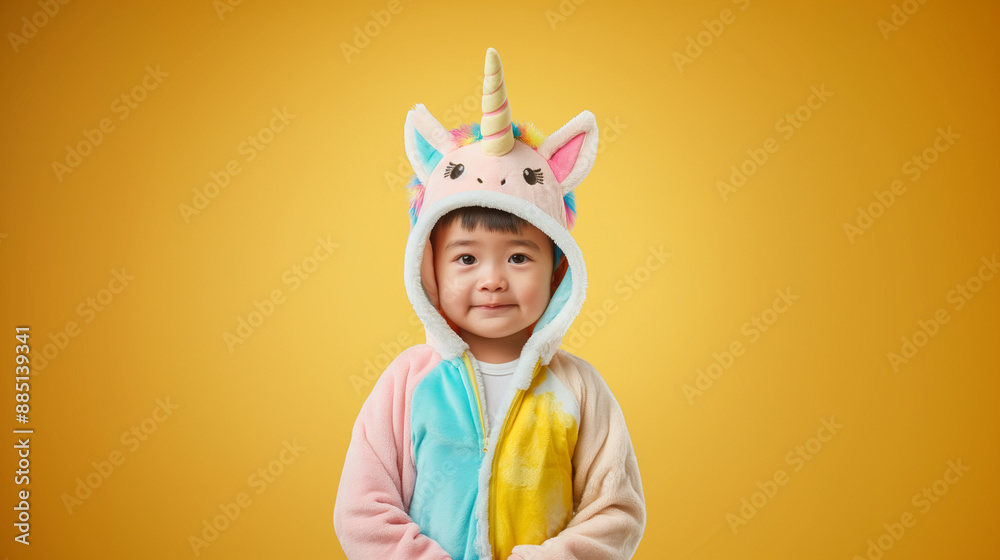 cute girl wearing unicorn costume, party fancy dress or cute sleepwear pajamas