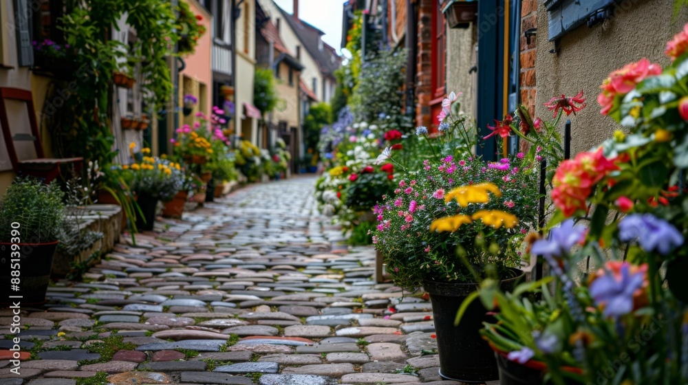 Fototapeta premium Charming cobblestone street with blooming flowers in a quaint village. Perfect for a romantic walk or peaceful stroll.