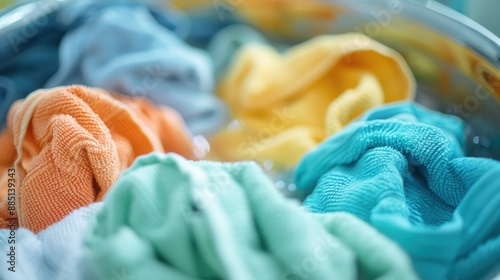 Mixed colored laundry including orange, yellow, blue, and green cloths being washed inside a transparent washing machine drum background in focus.