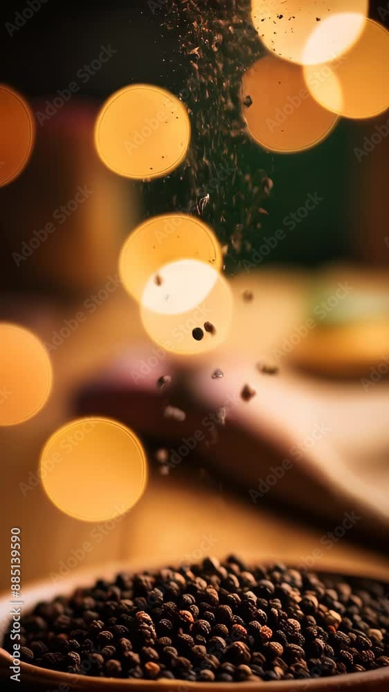 A close-up of mixed peppercorns on a dark wooden surface with a bokeh background. The peppercorns are varied in color. Copy space template backdrop A close-up of mixed peppercorns on a dark wooden surface with a bokeh background. The peppercorns are varied in color. Copy space template backdrop