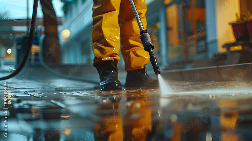 Fototapeta premium Deep cleaning under high pressure. .Workers cleaning driveway with pressure washer, professional cleaning service