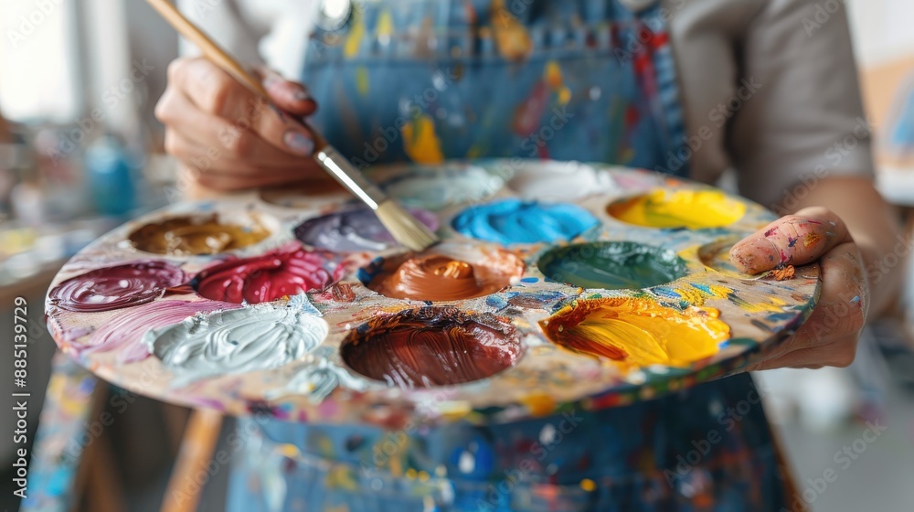 Fototapeta premium A focused scene showing an artist's hand holding a paintbrush and mixing vivid colors on a palette. This image captures the essence of creativity, art, and inspiration.