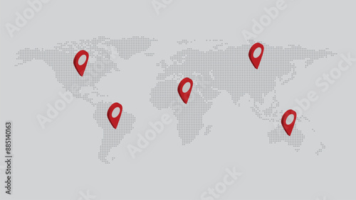 Dotted World Map with Red pinpoints 3D icon on map, concept design for travel and technology website landing page vector illustration EPS10 isolated on gray background.
