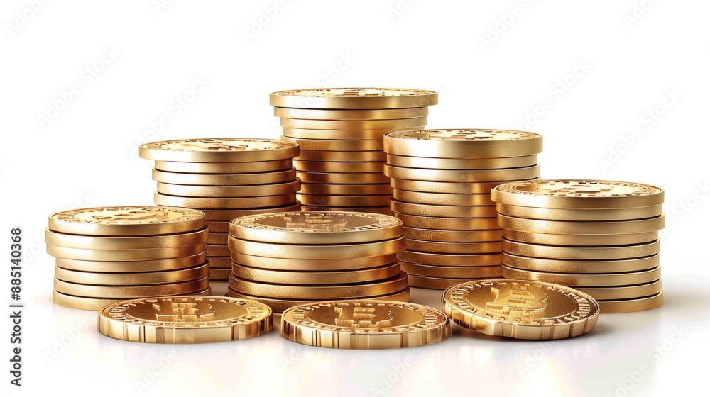 3D realistic of the golden coins pile and stacks, vector gold money icons. golden coins currency, shiny gold piles on a white background. Generative AI. 3D realistic of the golden coins pile and stacks, vector gold money icons. golden coins currency, shiny gold piles on a white background. Generative AI.