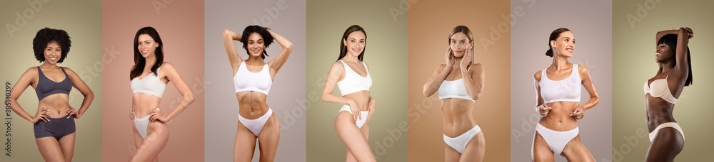 Seven multiethnic women are shown posing in lingerie in front of a studio background. Each woman is wearing a different style of underwear. The women are all smiling and looking confident. Seven multiethnic women are shown posing in lingerie in front of a studio background. Each woman is wearing a different style of underwear. The women are all smiling and looking confident.
