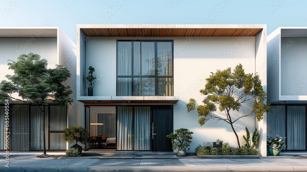 Fototapeta premium Design urban houses, clear lines, show simplicity, main texture is white and slide black door in front, street in front. Generative AI.