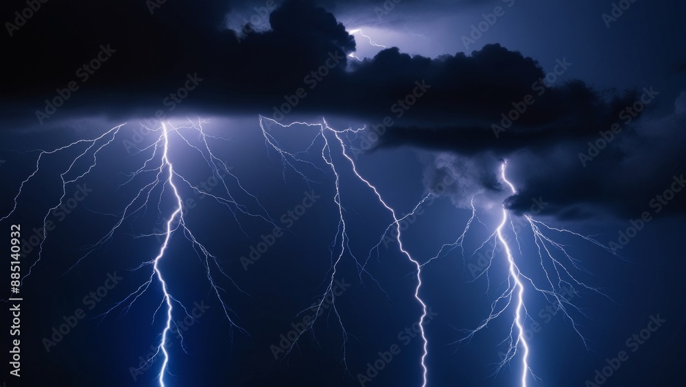 Multiple lines of glowing blue-violet lightning from under dark thunderclouds at night Multiple lines of glowing blue-violet lightning from under dark thunderclouds at night