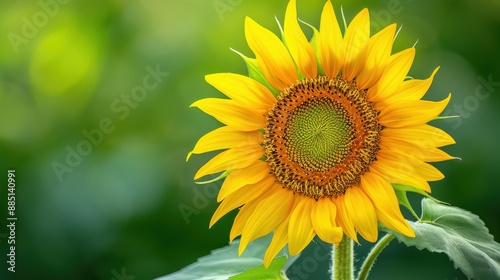 A detailed macro shot of a blooming sunflower with bright yellow petals and a textured center, set against a soft, blurred green background, capturing the intricate details and vibrant colors of the