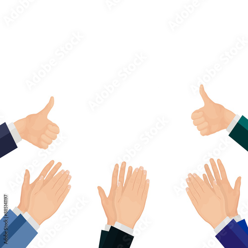 Human hands clapping. People crowd applaud to congratulate success job. Hand thumbs up. Business team cheering and ovation vector concept isolated on transparent background.