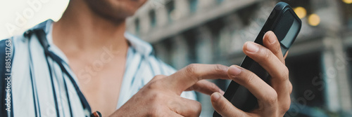 Close-up of man's hands using mobile phone, panorama