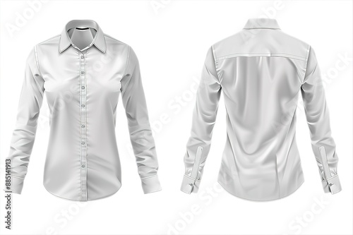 Blank white classic shirt mockup, front view, gray background, 3d rendering. Empty casual blouse for men uniform mock up. Clear fabric formal dress shirt with cuff template.
 photo