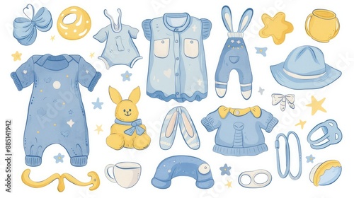 Doodle illustration of baby accessories including toys, pacifiers, and clothes.