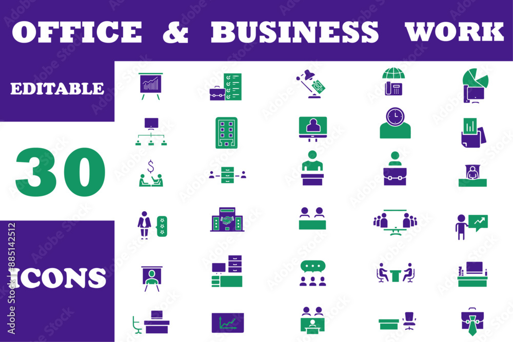 Office and business flat editable icons set. Business related icons: teamwork, documents, devices, desk, partnership, planning, co working, management and more. Vector illustration Office and business flat editable icons set. Business related icons: teamwork, documents, devices, desk, partnership, planning, co working, management and more. Vector illustration