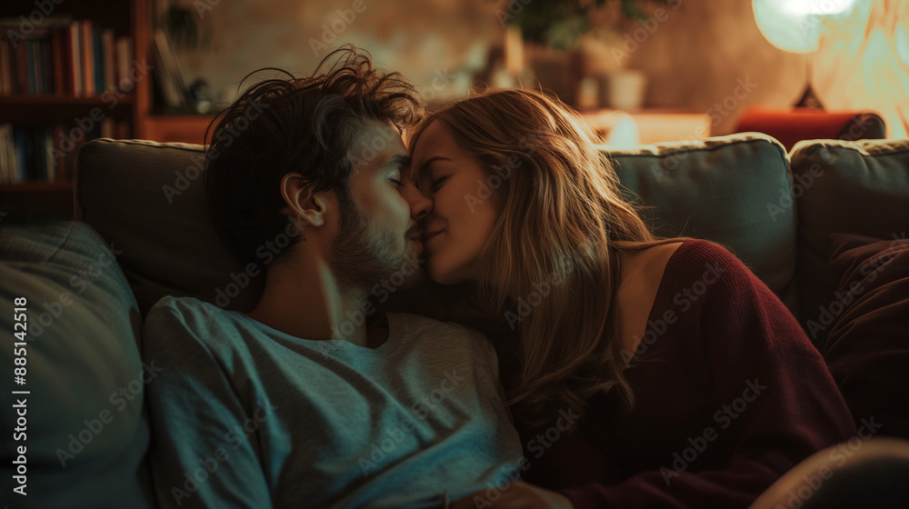 Young couple kissing on a sofa in a cozy, dimly lit room. Young couple kissing on a sofa in a cozy, dimly lit room.