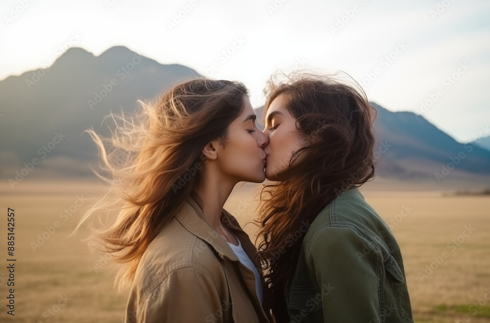 Two women sharing a kiss in a vast, open landscape with mountains in the background, highlighting love, freedom, and nature's beauty Two women sharing a kiss in a vast, open landscape with mountains in the background, highlighting love, freedom, and nature's beauty