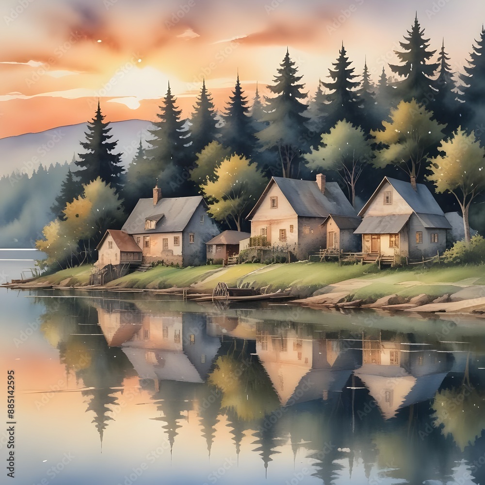 Fototapeta premium Rustic watercolor depiction of a quaint rural village situated on the shores of a tranquil lake, the settlement's structures and trees mirrored in the calm waters below a glowing sunset sky