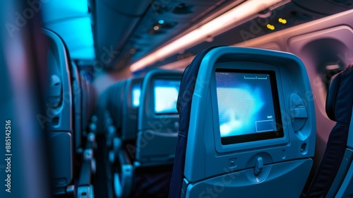 A close-up of an in-flight entertainment screen on an airplane seat.