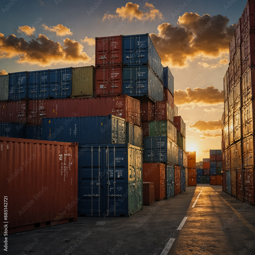 Fototapeta premium Containers about to be loaded onto ships at a port.