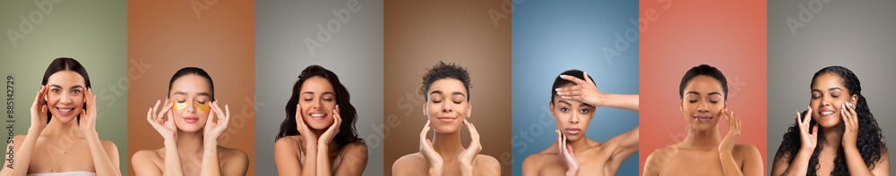 Fototapeta premium A series of images features six diverse women applying various skin care products on their faces, against a backdrop of different colored walls. They are all showcasing their radiant skin.