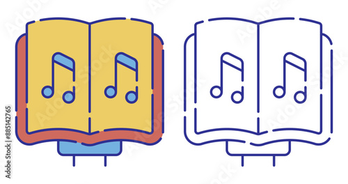 Thin line stroked color icon. Notebook with notes for holding with orchestra. Music teaching at music school. Simple vector isolated on white background