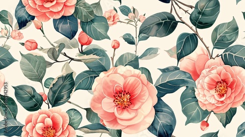 Seamless watercolor camellia flowers in full bloom with delicate leaves on a sophisticated backdrop