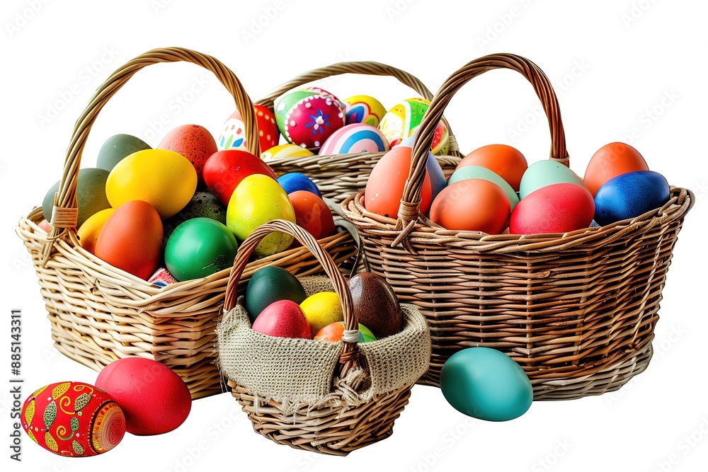 Basket with easter eggs and catkins. Eggs in many designs, patterns and colors red, blue, green, pink, purple, yellow. Composition on a white background with a slight shadow.
Basket with easter eggs and catkins. Eggs in many designs, patterns and colors red, blue, green, pink, purple, yellow. Composition on a white background with a slight shadow.