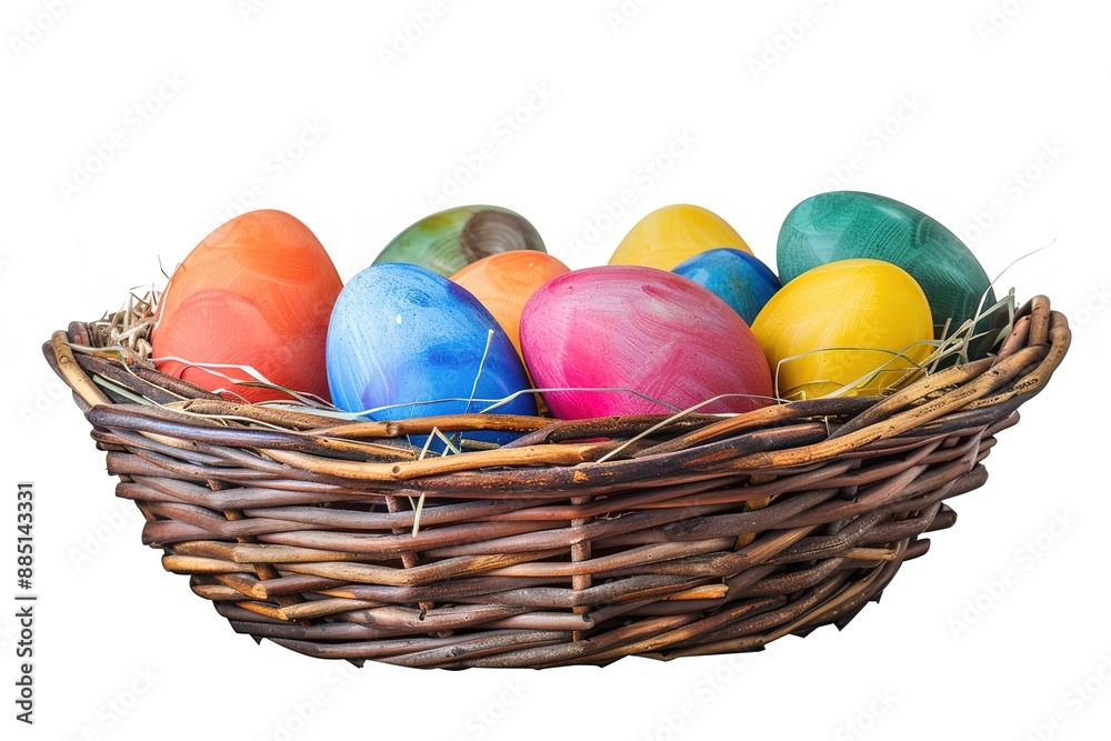 Basket with easter eggs and catkins. Eggs in many designs, patterns and colors red, blue, green, pink, purple, yellow. Composition on a white background with a slight shadow.
Basket with easter eggs and catkins. Eggs in many designs, patterns and colors red, blue, green, pink, purple, yellow. Composition on a white background with a slight shadow.