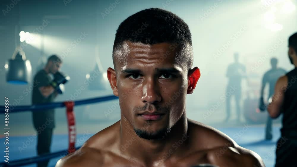 Focused boxer ready for fight in gym Focused boxer ready for fight in gym
