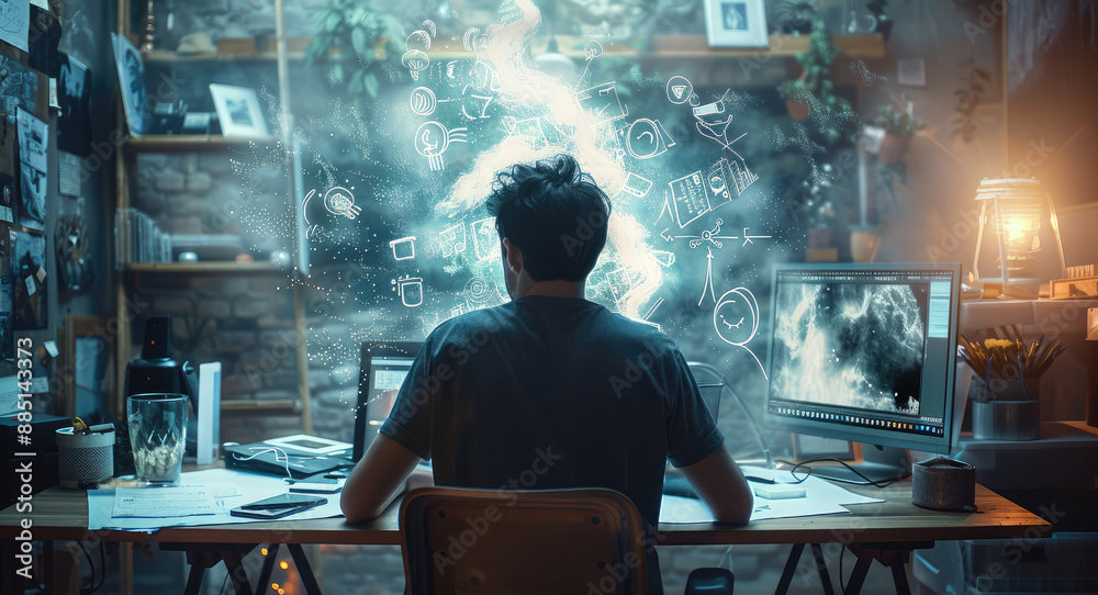 A designer sits at the computer, ideas and thoughts float everywhere in the room, connected with a flowing energy. Generative AI. A designer sits at the computer, ideas and thoughts float everywhere in the room, connected with a flowing energy. Generative AI.