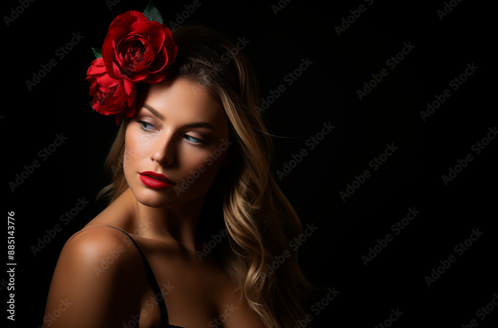 Naklejka premium Woman with Red Rose in Hair and Red Lips Posing Elegantly Against a Black Background
