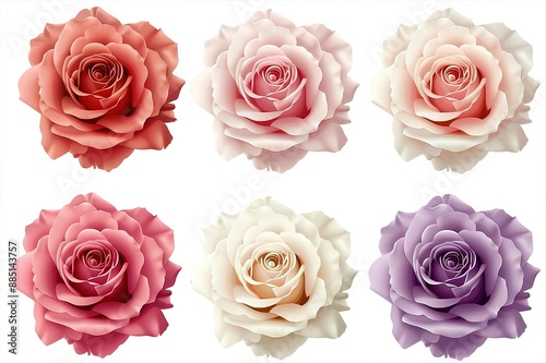 Collection multicolored flowers head roses isolated on a white background. Flat lay, top view 