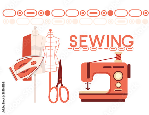 Sewing banner design. Retro red sewing machine with skein of thread and with dummy mannequin. Vintage equipment for hobby or dressmaker. vector illustration on white background