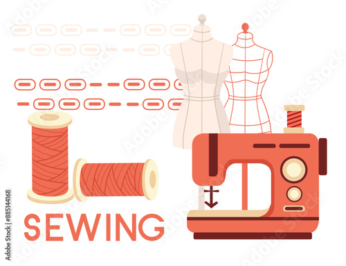 Sewing banner design. Retro red sewing machine with skein of thread and with dummy mannequin. Vintage equipment for hobby or dressmaker. vector illustration on white background