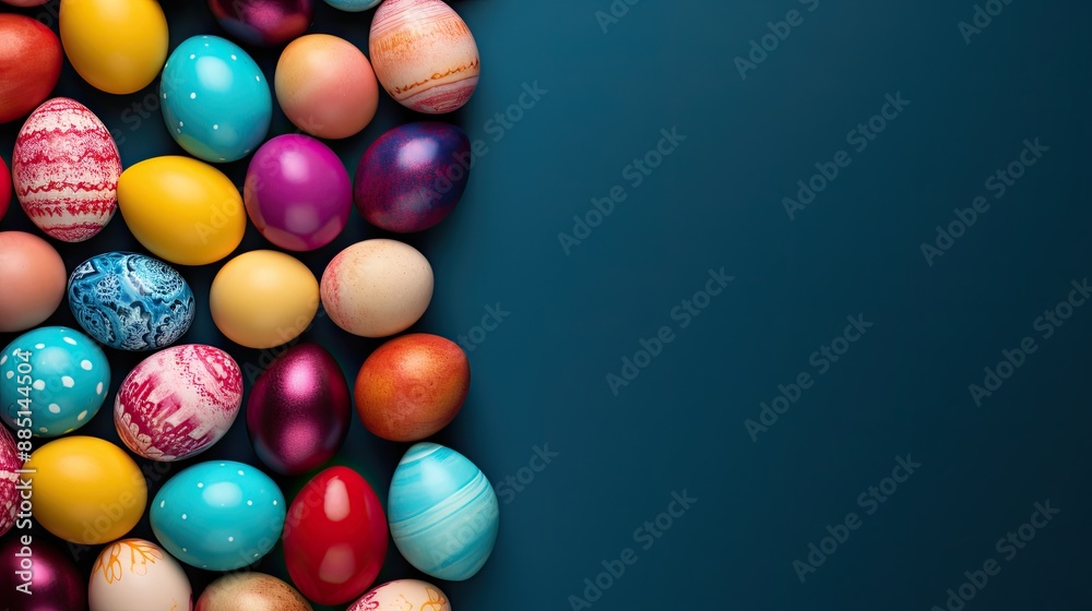 Obraz premium Colorful handcrafted Easter eggs on blue backdrop Minimalistic concept Top down perspective Text space on card Copy space image Place for adding text or design 
